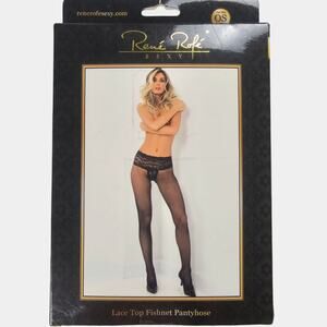 NWT Rene Rofe Fishnet Pantyhose One Size Black Lace Top Tights Sexy Lingerie
